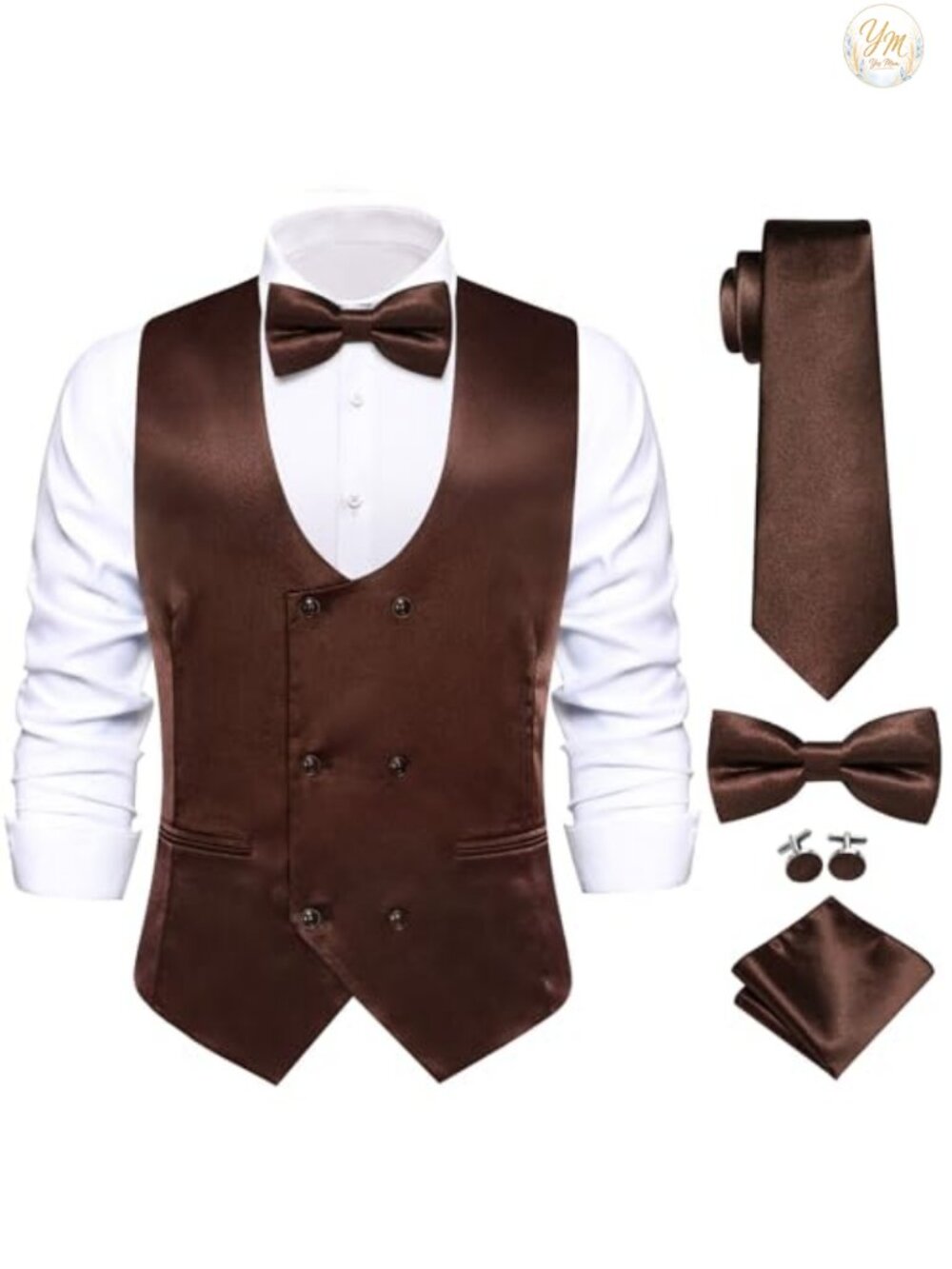 Mens Satin Double Breasted Formal Suit Vest 5PCS Set Slim Fit